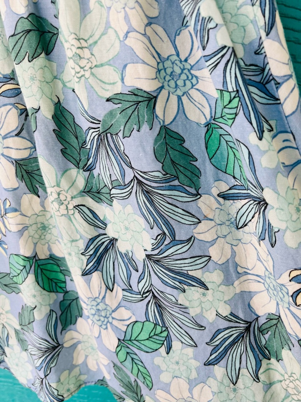 LOFT Linen Blend Floral Skirt Blue Green Pull-On Elastic Waist Size Large - Picture 5 of 8